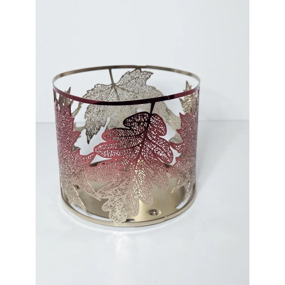 Bath Body Works Ombre Maple Leaves 3 Wick Candle Holder Fall Autumn Metal Sleeve